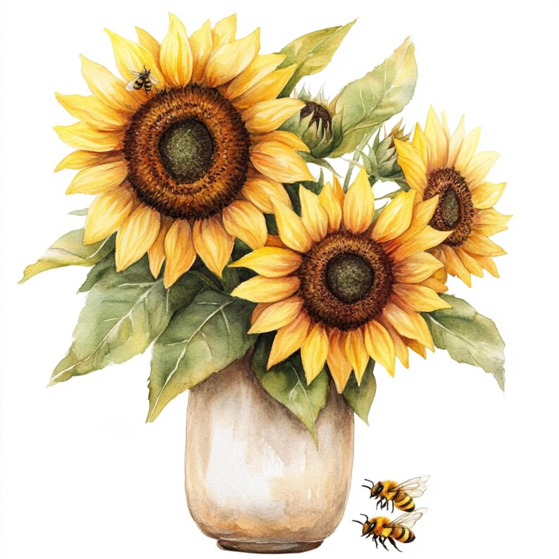 May include: A watercolour illustration of a bouquet of sunflowers in a cream vase. The sunflowers have bright yellow petals and dark brown centres. Green leaves and two bees are also included in the image.