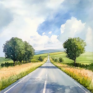 10 Strade vuote stampabili, Strada acquerellata, Arte di strade grandi e vuote, Lavori di carta, Stampa di strade vuote, Paesaggio verde