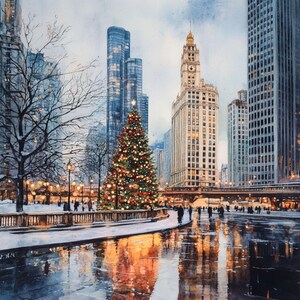 Christmas Chicago Card, Printable Watercolor Chicago, Christmas Card ...