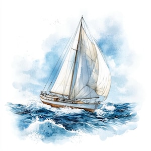 Puede incluir: Pintura a la acuarela de un velero en el mar. El barco tiene velas blancas y un casco marrón, navegando entre olas azules. El cielo es azul claro con nubes de acuarela, creando un tema náutico.