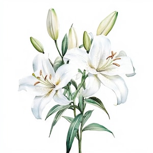 10 Printable White Lily flowers, watercolor Lily, botanical Lily art, Wedding White flowers design, White Lily print