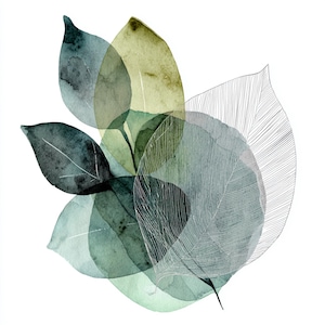 Può includere: Dipinto ad acquerello di foglie sovrapposte in tonalità di verde e blu. Alcune foglie sono piene, mentre altre presentano delicati dettagli lineari delle venature. L'opera d'arte è ambientata su uno sfondo bianco pulito, creando un'estetica botanica moderna.