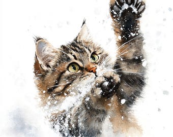 10Printable Cute Cat Clipart, watercolor art, playing cat with snow, Cat Clip Art, Printable JPG, Pet portrait, Commercial Use,Paper design