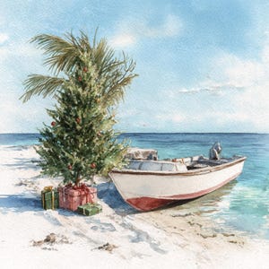 May include: Watercolor painting of a Christmas tree decorated with red ornaments and palm fronds on a sandy beach. A white boat with a red stripe rests near the tree, with wrapped gifts at its base. The ocean and sky are blue.