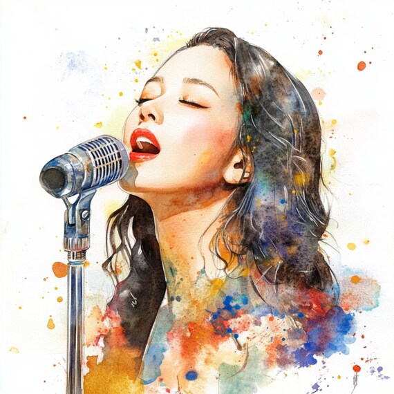 水彩画の歌うアジアの女の子、若い歌手、美しいアジアの女の子、水彩画