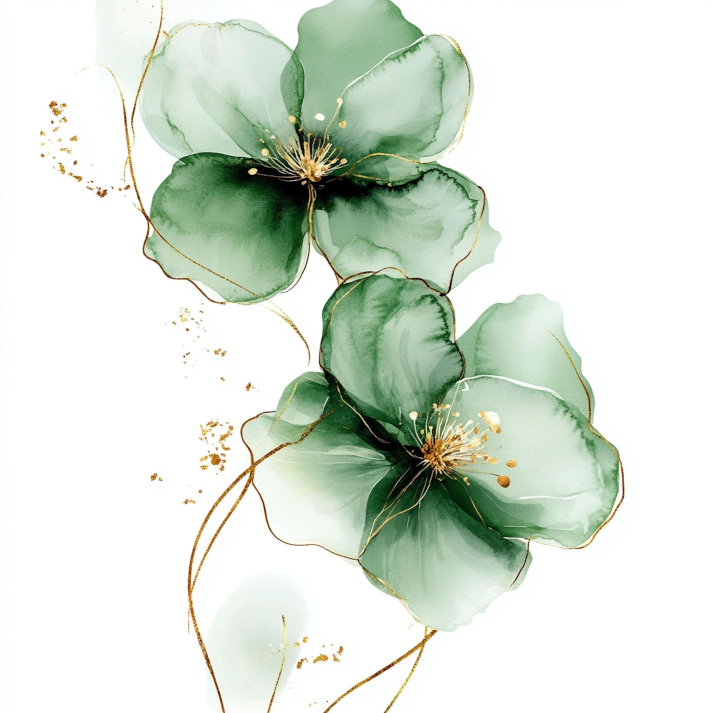 10 Printable Abstract Flowers, Watercolor Dark Green Flower