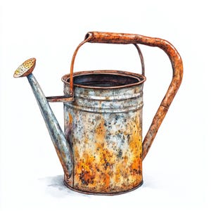 May include: A rusty metal watering can with a brown handle and a spout. The can has a worn, aged look with patches of rust and faded paint.