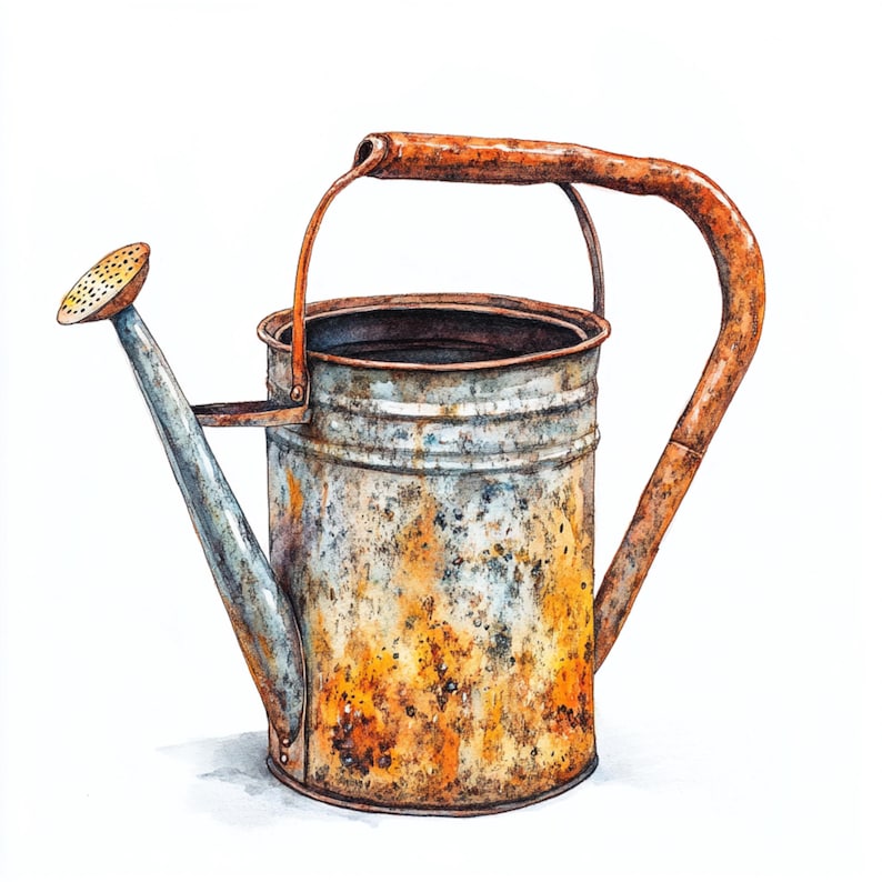 May include: A rusty metal watering can with a brown handle and a spout. The can has a worn, aged look with patches of rust and faded paint.