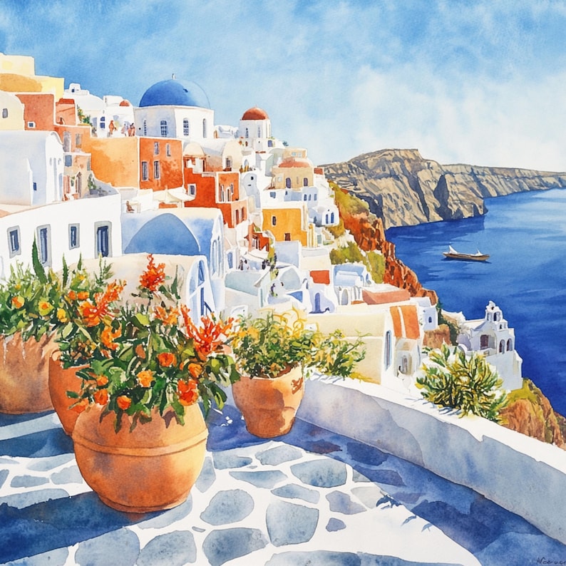 May include: A watercolor painting of a whitewashed village perched on a cliff overlooking a blue sea. The village is filled with colorful buildings, including a blue-domed church. Lush green plants are in terracotta pots in the foreground.