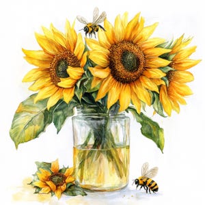 May include: A watercolour painting of sunflowers in a glass jar. The sunflowers have vibrant yellow petals and dark brown centres. Two bees are depicted flying near the flowers. A single sunflower lies at the base of the jar.