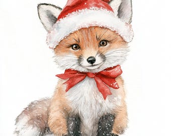 Printable Cute Fox Clipart, watercolor art, Santa baby fox, Printable JPG, animal clip art, Commercial Use, Paper design, Christmas fox art