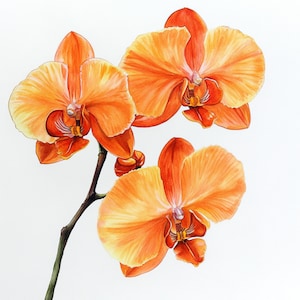 Printable Orange Orchid flower decor, watercolor Images, Orchid botanical art, Clip Art, Wedding decor, Paper terracotta flower design