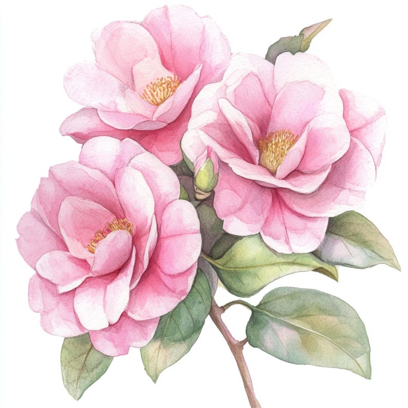 May include: A watercolor painting of three pink camellia flowers with green leaves and stems. The flowers are in bloom and have a delicate, feminine appearance.