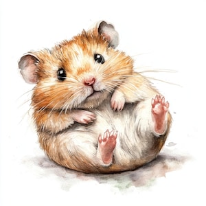 Op de afbeelding: Waterverfillustratie van een hamster die op zijn rug ligt. De hamster heeft lichtbruine en witte vacht, een roze neus en zwarte ogen. Zijn kleine pootjes zijn zichtbaar en hij lijkt te rusten op een wit oppervlak.