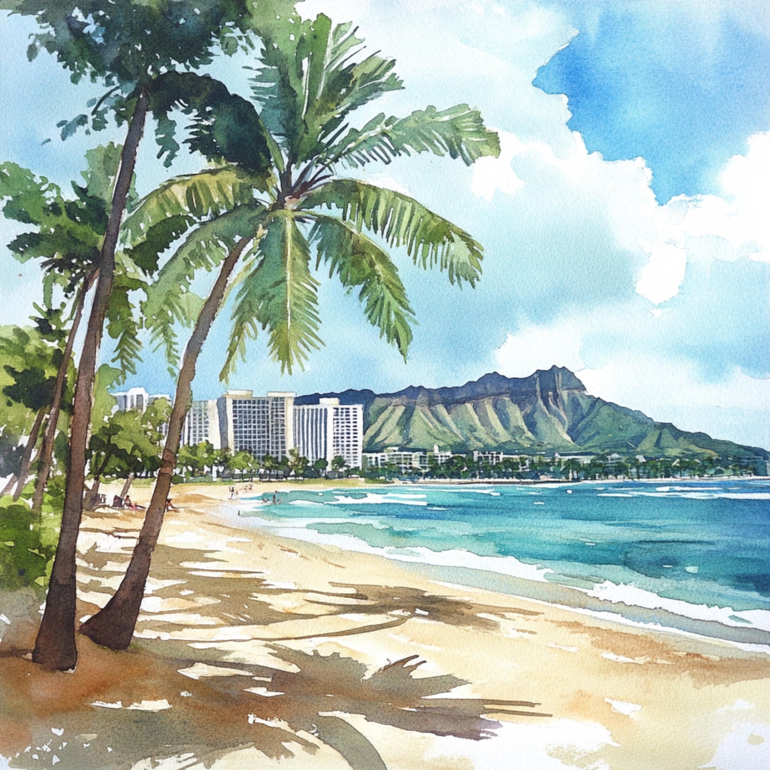 10 Printable Hawaiian Landscape, Hawaii Beach Watercolor Art, Honolulu ...