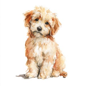 Op de afbeelding: Waterverfschilderij van een kleine, pluizige puppy met lichtbruine en crèmekleurige vacht. De puppy zit en kijkt de kijker recht aan. Het kunstwerk heeft een zacht, lieflijk gevoel.