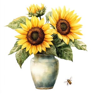 May include: Watercolour painting of sunflowers in a pale blue vase. The sunflowers have bright yellow petals and dark brown centres. Green leaves surround the flowers. A small bee is flying near the vase.