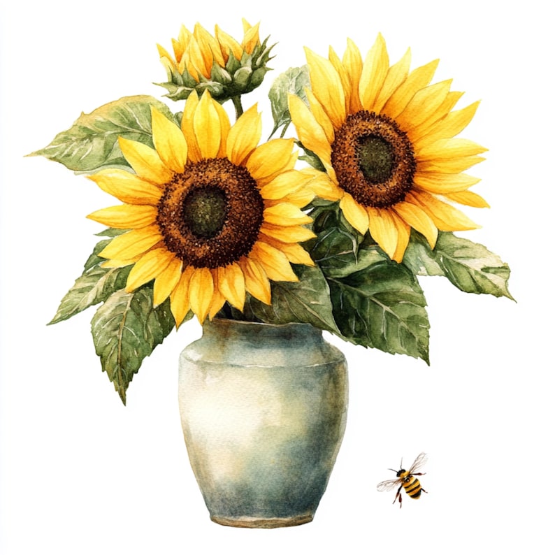 May include: Watercolour painting of sunflowers in a pale blue vase. The sunflowers have bright yellow petals and dark brown centres. Green leaves surround the flowers. A small bee is flying near the vase.