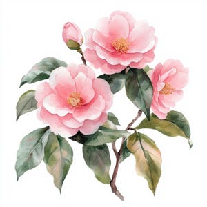 May include: A watercolor painting of a pink camellia flower branch with green leaves. The flowers are in bloom and have a delicate, feminine appearance.