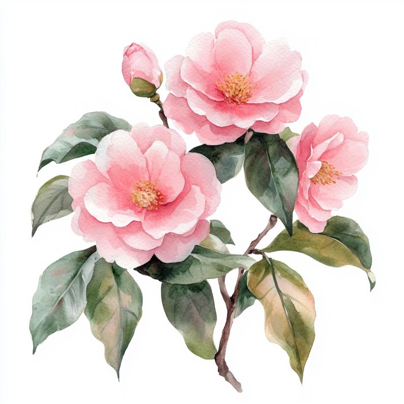 May include: A watercolor painting of a pink camellia flower branch with green leaves. The flowers are in bloom and have a delicate, feminine appearance.