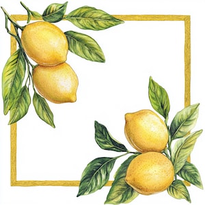 May include: Watercolor illustration of lemons and green leaves on branches, set against a gold square frame. The lemons are a bright yellow, and the leaves are a mix of green shades. The artwork has a fresh, natural feel.
