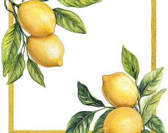 13 Printable lemon Frame, watercolor lemon Images, Lemon corner clipart, Kitchen decor, tropical fruit, lemon design