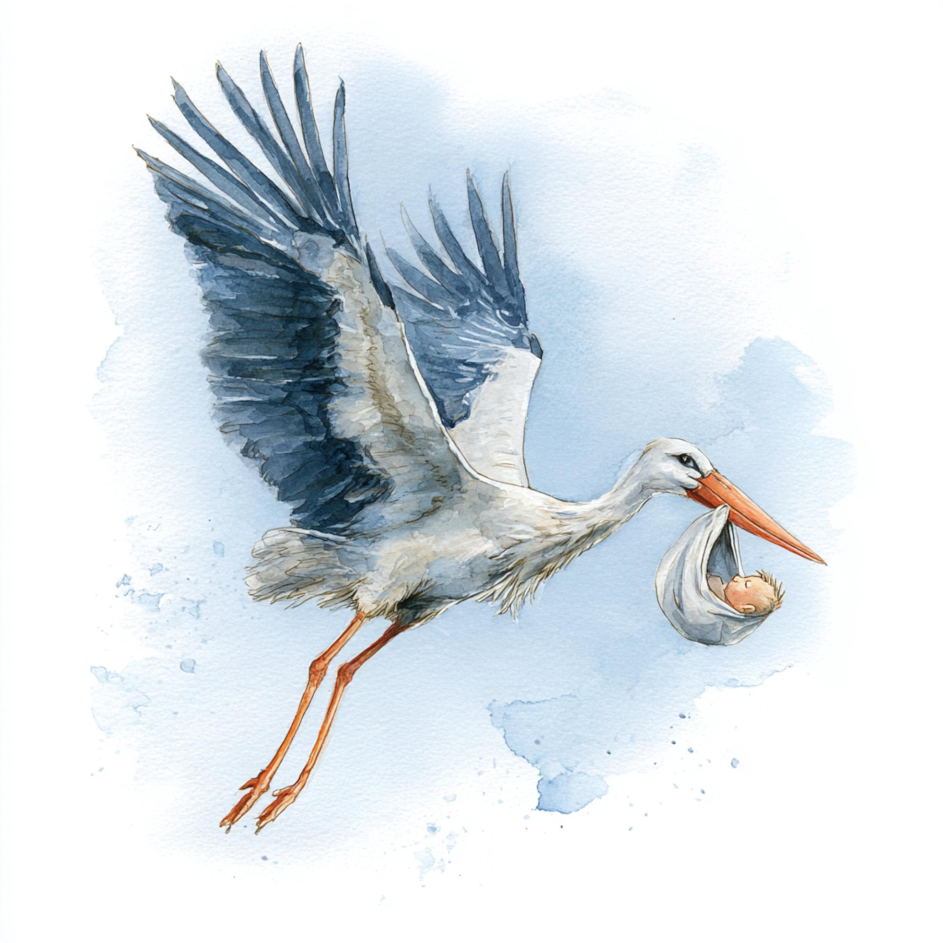 3羽のコウノトリ 水彩画風 アート 水彩画のコウノトリと赤ちゃんのクリップアート10点、飛んでいる