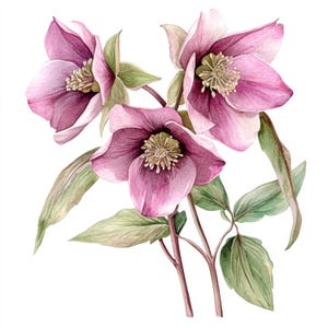May include: A watercolour illustration of hellebore flowers. The image shows three blooms in shades of pink and purple, with green leaves and stems. The botanical composition is set against a white background, showcasing the delicate details.