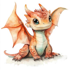 May include: A cute orange and brown baby dragon with large blue eyes and small wings. The dragon is sitting on a white background.