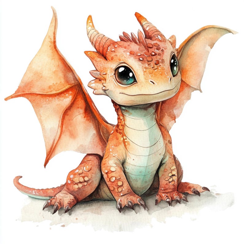 May include: A cute orange and brown baby dragon with large blue eyes and small wings. The dragon is sitting on a white background.