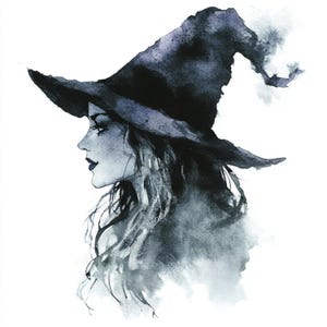May include: A watercolor painting of a woman wearing a black witch's hat. The woman's face is partially obscured by the hat, but her long, dark hair is visible. The painting is done in a minimalist style, with only a few details.
