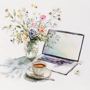 May include: Watercolor painting of a laptop, a cup of coffee, and a vase of colorful wildflowers. The laptop is open, and the coffee cup sits on a saucer with a spoon. The flowers include pink, yellow, and blue blooms.