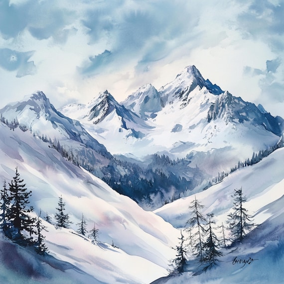 Winter Mountains Landscape, Watercolor Snowy Mountain, Christmas