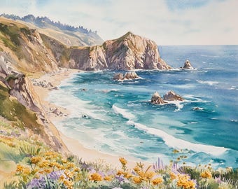 印刷可能な北カリフォルニア海岸の風景画10点、海岸の風景画、水彩