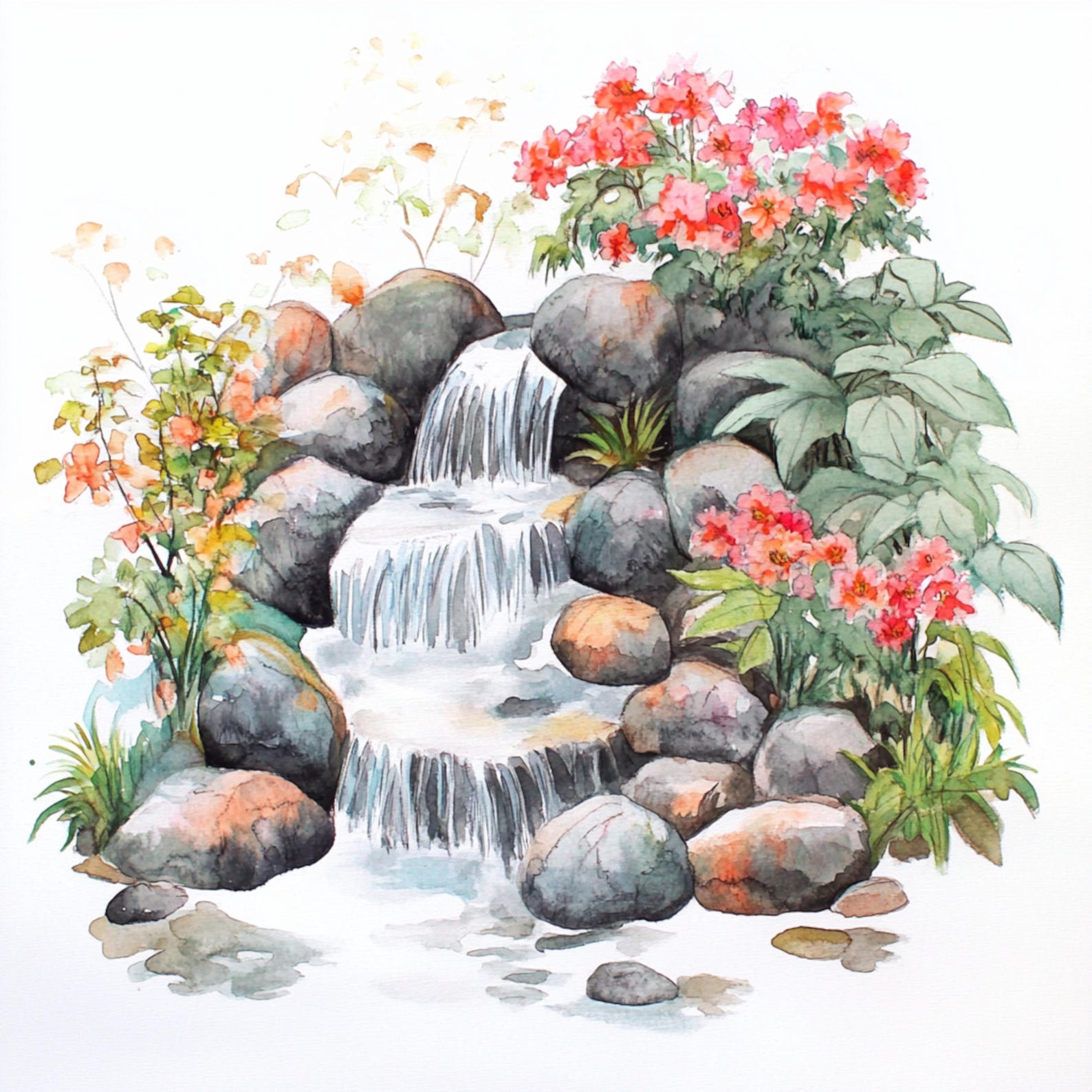 10 Printable Waterfall, Watercolor Waterfall, Garden Waterfall, Rustic ...