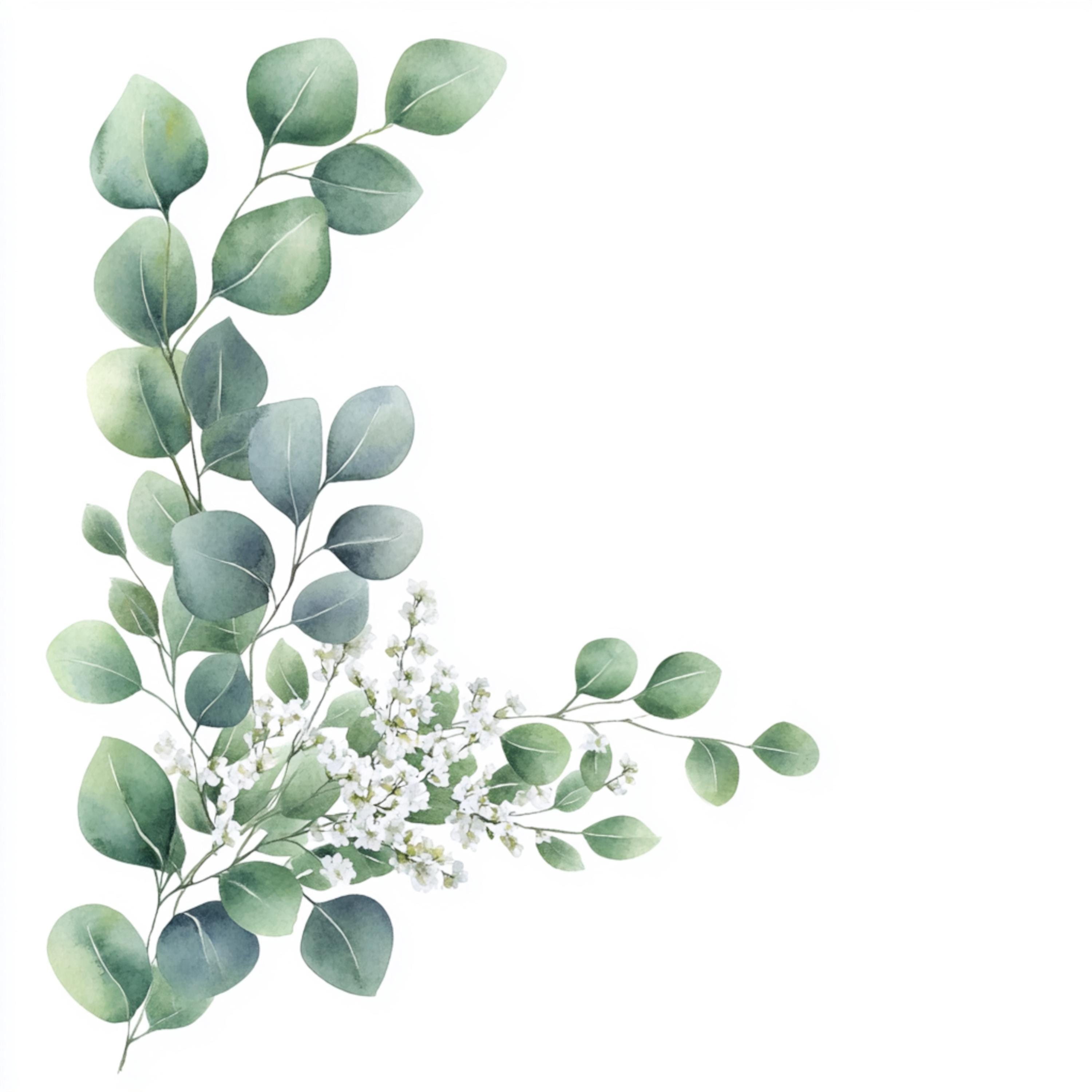 10 Printable Eucalyptus Leaves Corner, Watercolor White Flowers ...