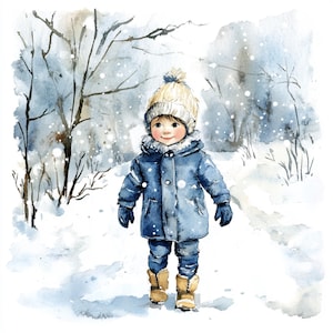 10 Printable Little boy in winter, watercolor boy, watercolor Clipart, Printable JPG, Commercial Use, Paper design,  Boy in winter landscape