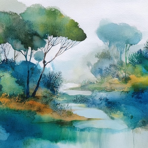 May include: A watercolour painting of a tranquil landscape with trees and water. The artwork uses green, blue, and yellow hues to depict a natural scene with a soft, misty atmosphere. The painting evokes a sense of peace and serenity.