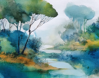 12 Paysage abstrait aquarelle imprimable, paysage vert bleu turquoise aquarelle, clipart abstraits, faire des cartes abstraites