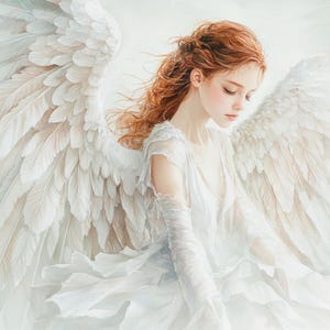 May include: A woman with long, flowing red hair and white wings is wearing a white dress. She has a gentle expression on her face and her eyes are closed.