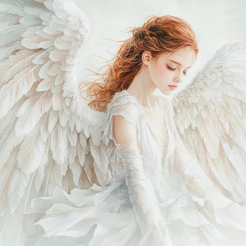 May include: A woman with long, flowing red hair and white wings is wearing a white dress. She has a gentle expression on her face and her eyes are closed.