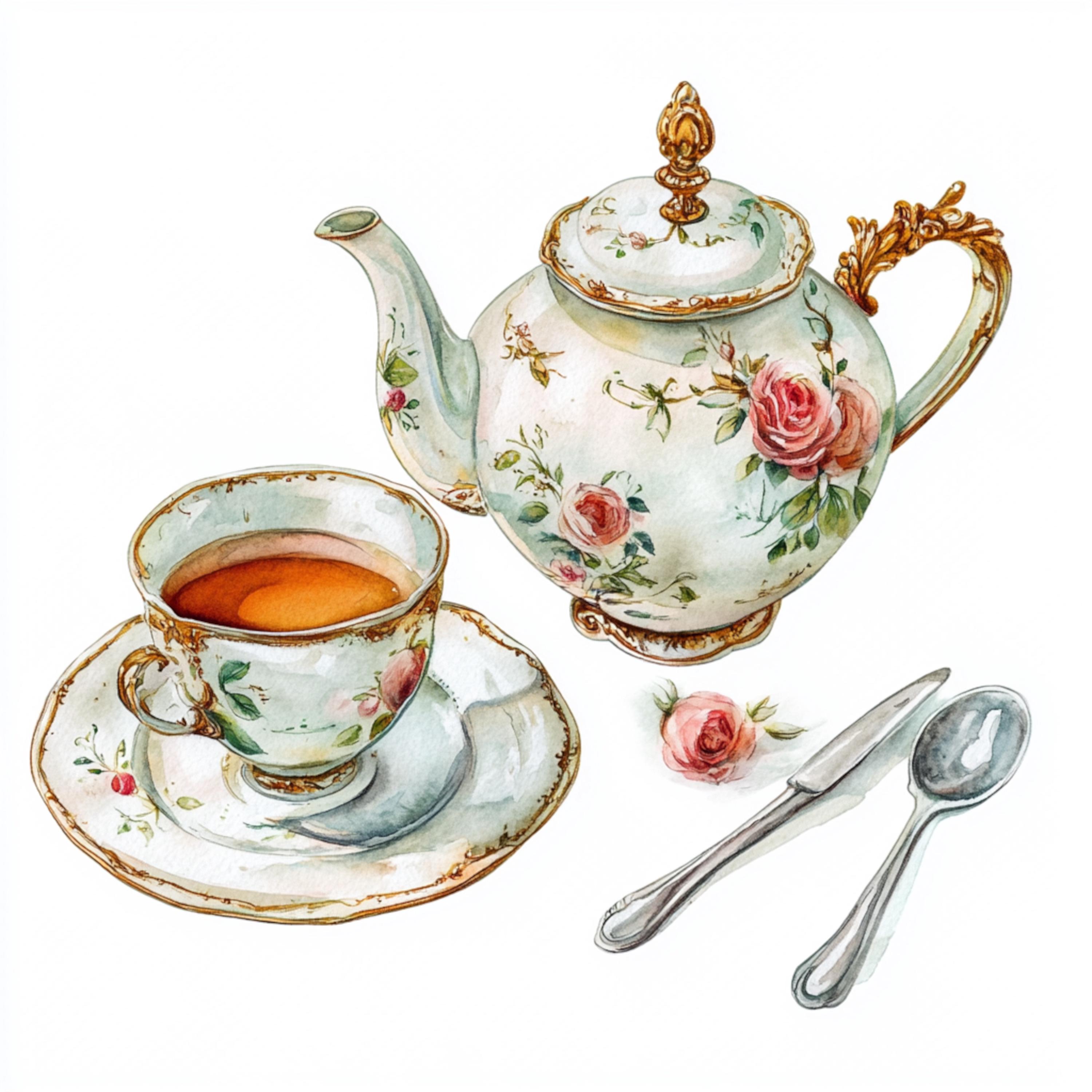 Prinatable Tea Set Printable Tea Set Art, Watercolor Tea Set, Rococo Style Tea Set ...