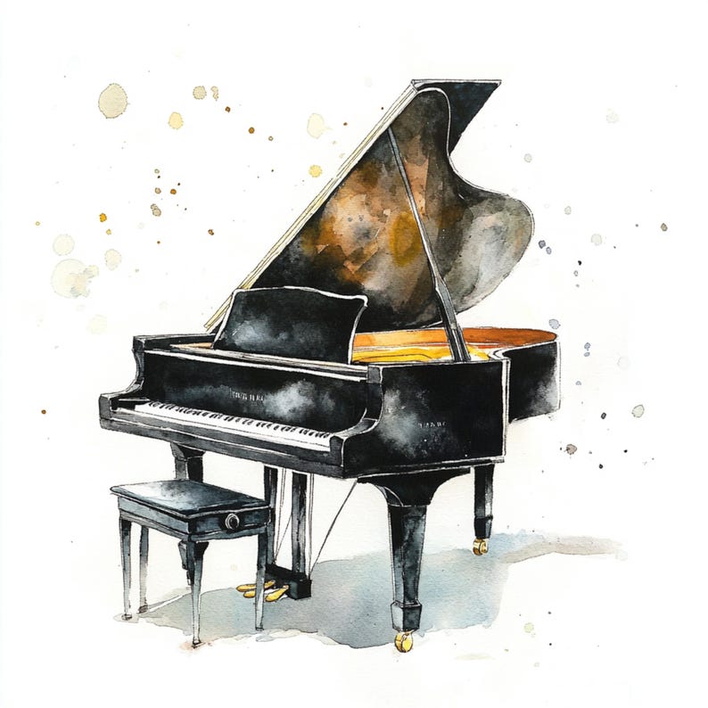 Pu&ograve; includere: Illustrazione ad acquerello di un pianoforte a coda nero con il coperchio aperto. Il pianoforte ha una panca abbinata e dettagli dorati sulle gambe. I tasti sono bianchi e neri. Lo sfondo &egrave; bianco con schizzi di acquerello.