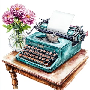 May include: A vintage green typewriter with a blank sheet of paper in the carriage, sitting on a wooden table with a vase of pink flowers.