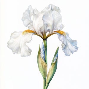 May include: A white iris flower with yellow accents on the petals. The flower is in bloom and has two buds on the stem.