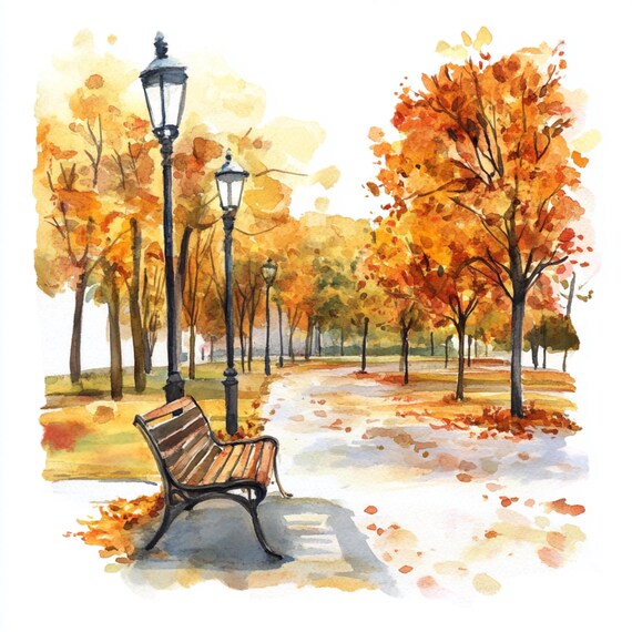 10 印刷可能な秋の公園、水彩画の秋、都市公園のアート、公園のベンチ