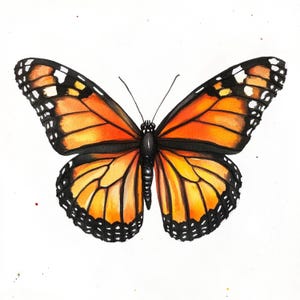 May include: A watercolour painting of a monarch butterfly with orange wings and black markings. The butterfly is depicted with its wings spread open, showcasing the intricate details of its pattern.