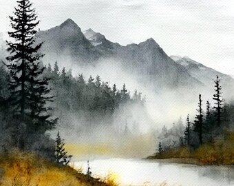 10 印刷可能な霧の山、秋の森のプリント、山の水彩画、秋の風景、商業