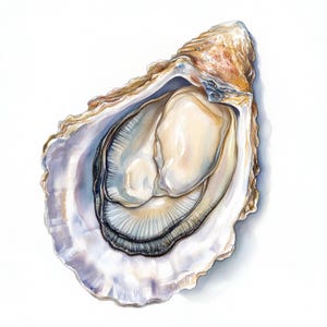 May include: Watercolor painting of an open oyster shell. The shell is a mix of beige, brown, and purple hues, with a pearlescent interior. The oyster meat is a creamy white color, with detailed shading.