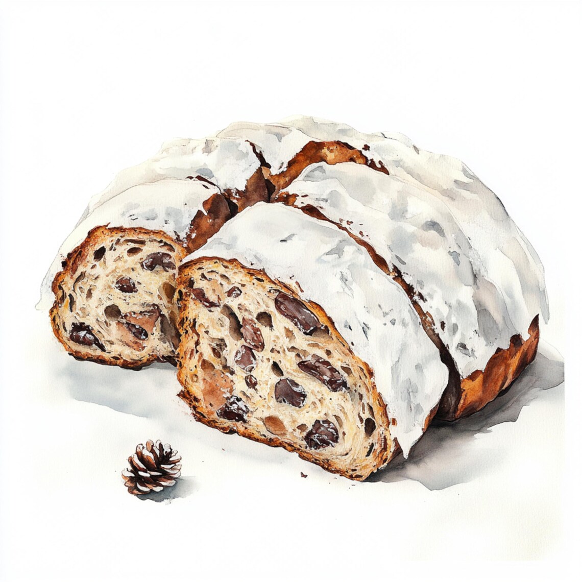 Stollen Bread Vector 10 Printable Christmas Stollen, Watercolor Stollen Bread, Sliced Loaf ...
